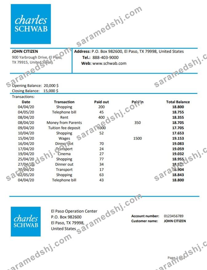USA Charles Schwab & Co bank proof of address statement template in Word and PDF format